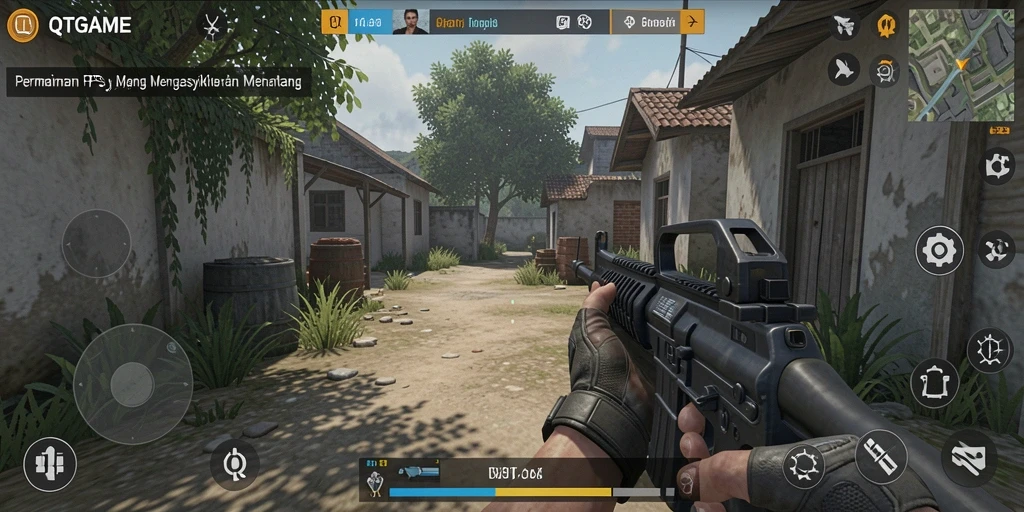 Screenshot QTGAME menunjukkan aksi gameplay FPS yang mendebarkan.
