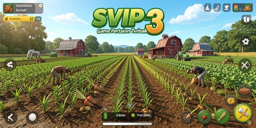 Screenshot gameplay SVIP3 yang menunjukkan kebun yang subur dan hewan ternak.